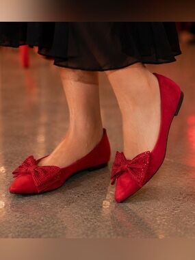 Kelly & Katie Red Rhinestone Bow Pointed Toe Ballet Flats